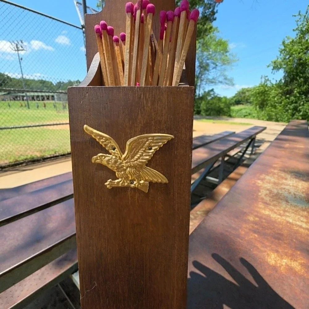 Vintage Wood Wall Match Holder Large Brass Eagle Rustic Brown Kitchen Decor‎